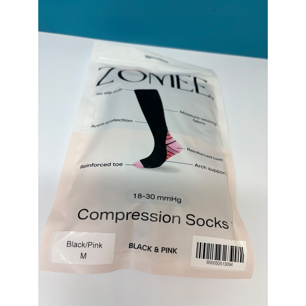 Zomee Compression Socks 18-30‎ mmHg Black Pink Medium NIP Moisture Wicking